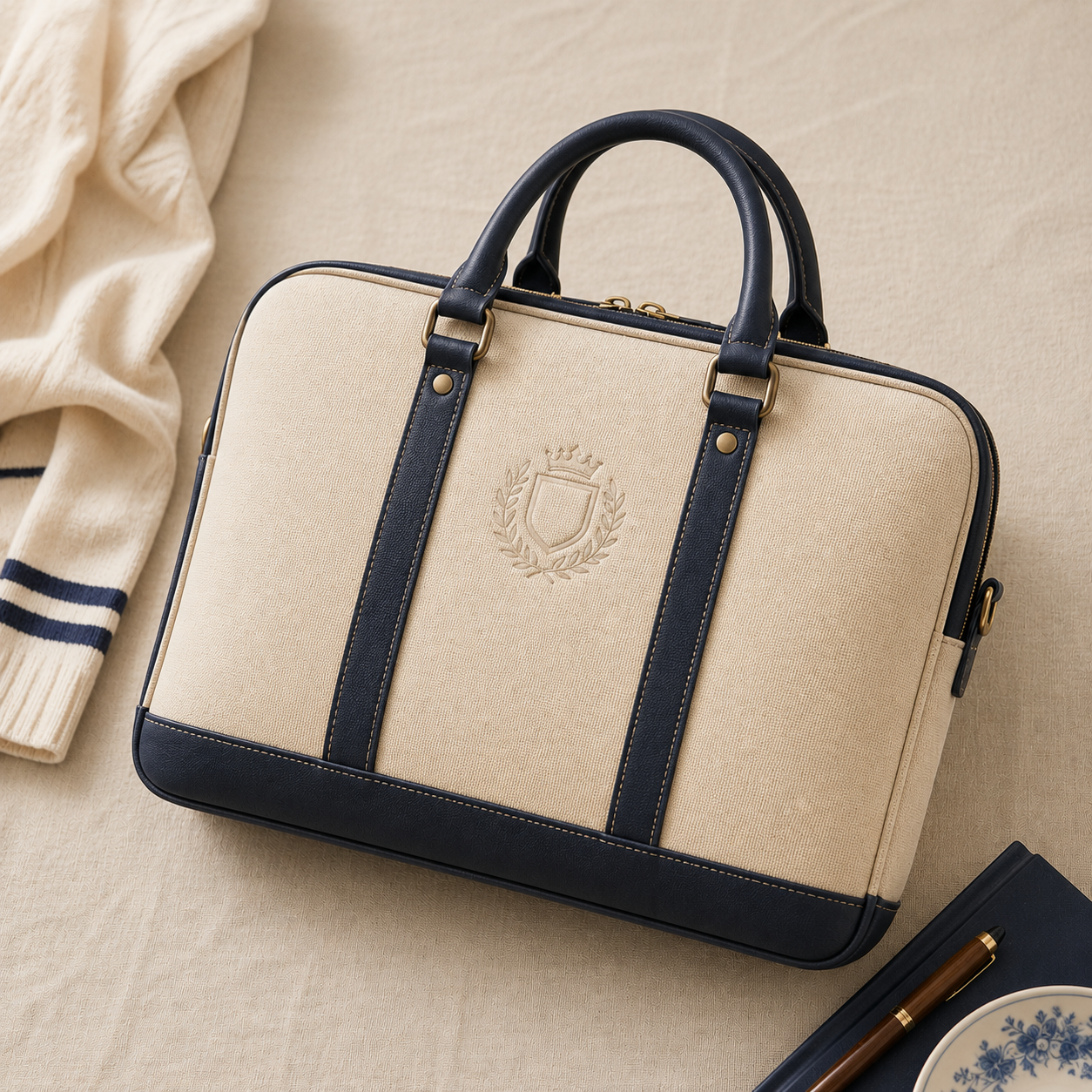 Leather-trim executive banker bag with logo