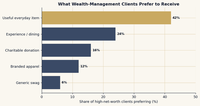Horizontal bar chart of what wealth-management clients prefer to receive, with useful everyday items highest and generic swag lowest.