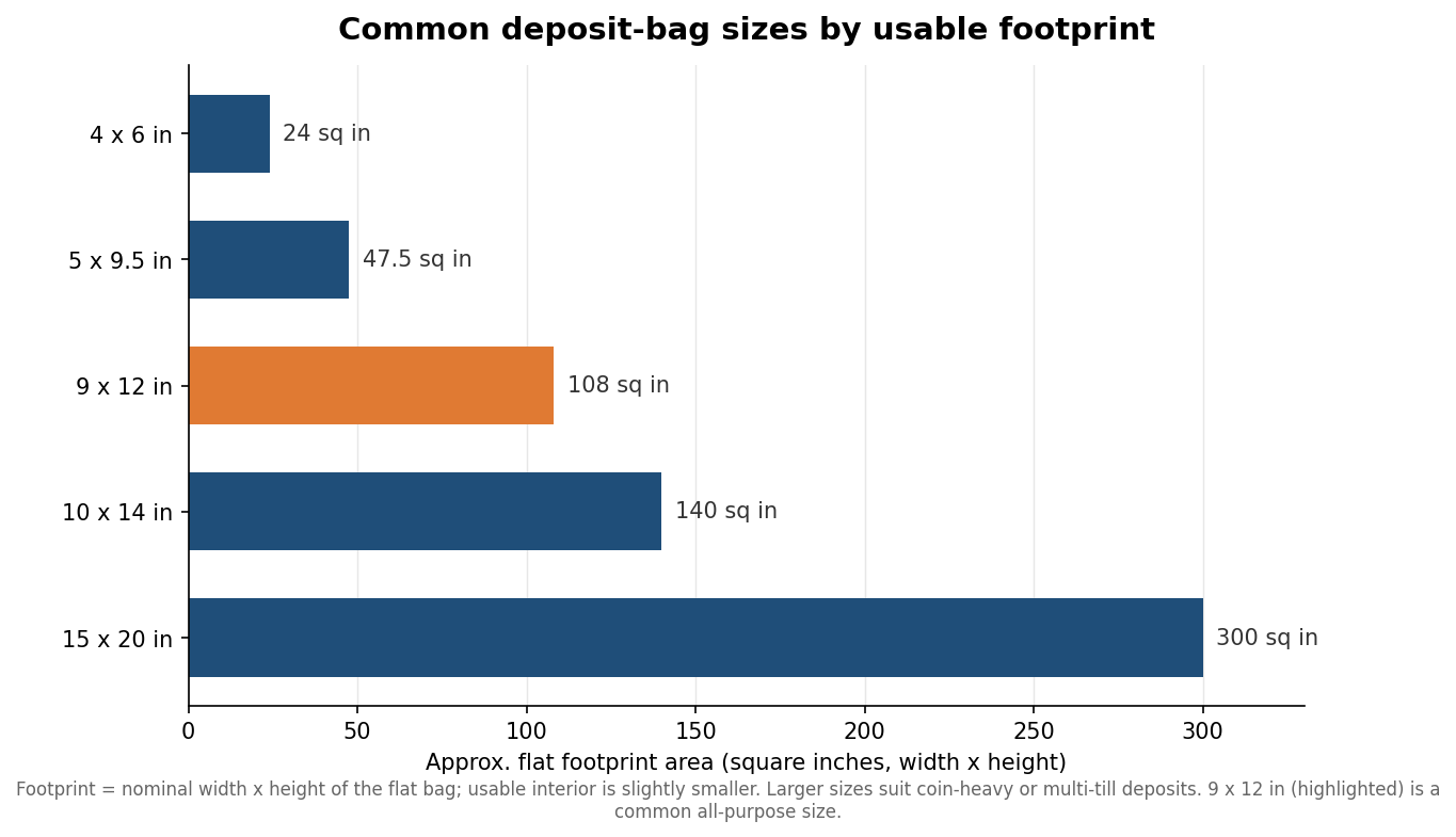 Horizontal bar chart of common deposit bag sizes by usable footprint area in square inches