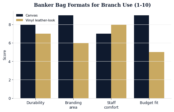 Canvas and vinyl banker bag formats scored for daily credit union use.